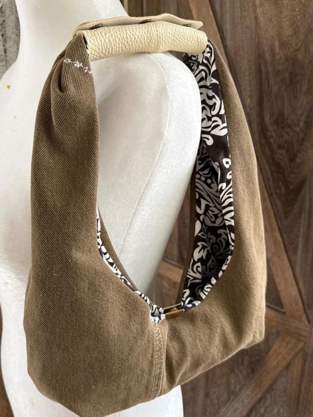 Brown Denim Shoulder Bag with Cream Accent & Patterned Lining